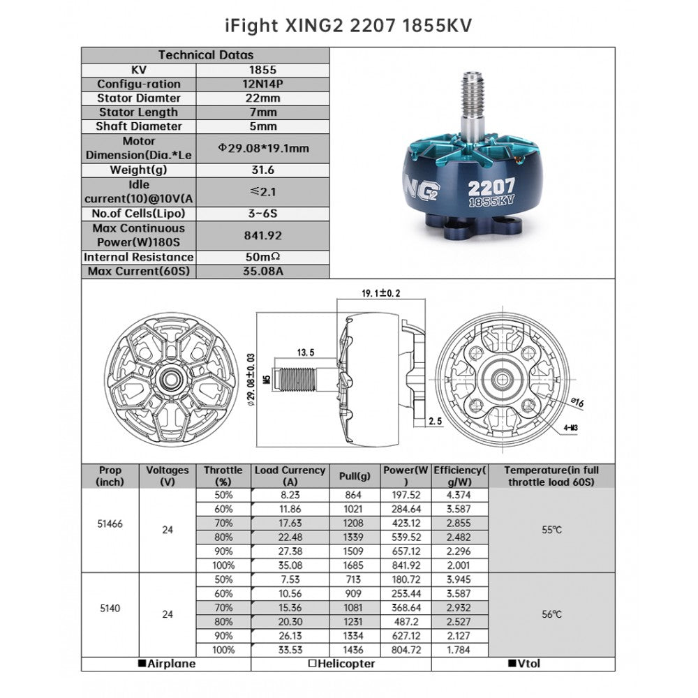 XING2 2207 4S 6S FPV Motor Unibell 1855KV Thrust Table