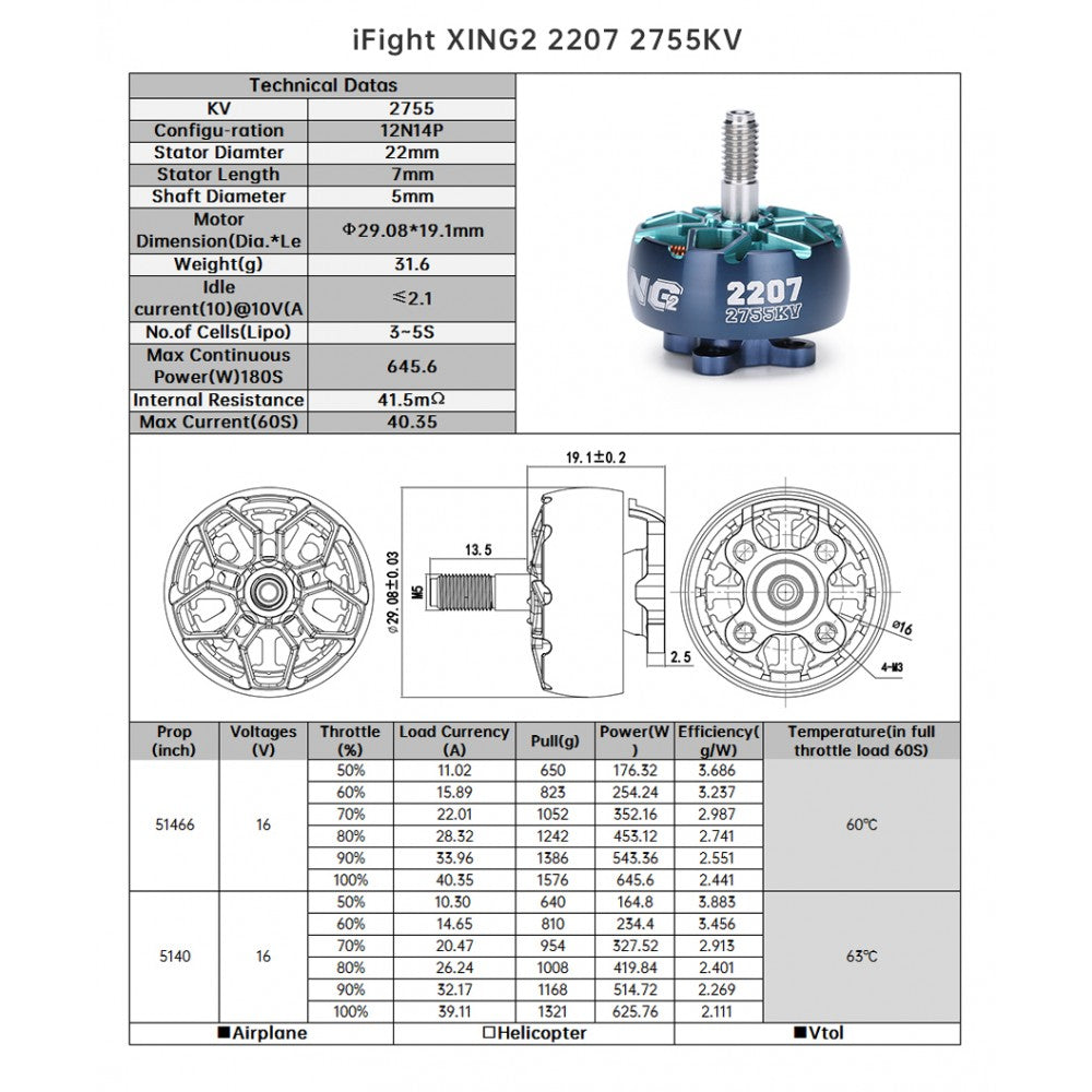 XING2 2207 4S 6S FPV Motor Unibell 2755KV Thrust Table