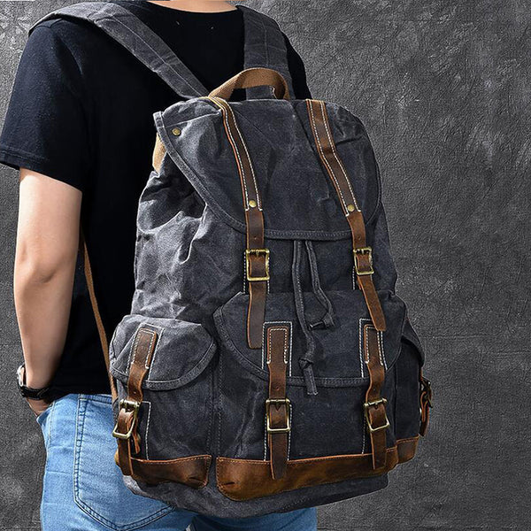 Waxed Canvas With Leather Backpack Vintage Large Capacity Backpack Tra ...