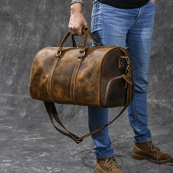 Crazy Horse Leather Men Duffle Bag Large Travel Bag With Shoes Compart ...