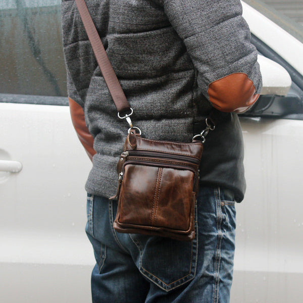 Men's Top Grain Genuine Leather Zipper Shoulder Bag, Vintage Leisure S ...