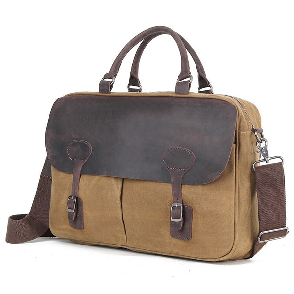 Waxed Canvas With Leather Trim Briefcase Vintage Messenger Bag Shoulde ...