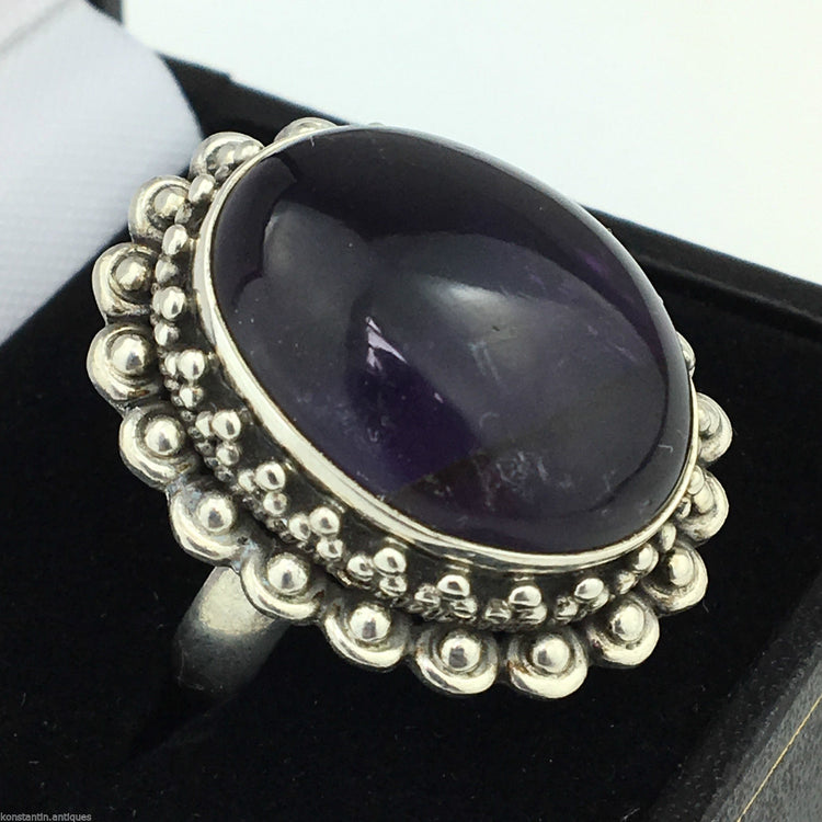 Classic solid silver ring with huge cabochon purple amethyst gemstone