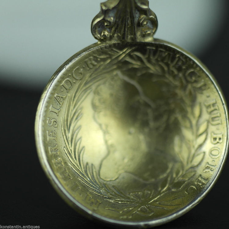 Antique 1763 gild silver 20 Kreuzer coin spoon Theresia Austrian Empire 800