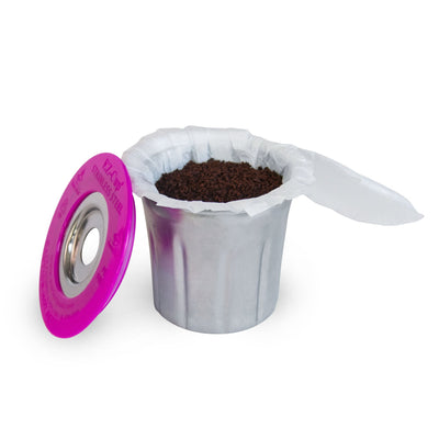 Perfect Pod Cafe Fill Value Pack with 2 Reusable K-Cup Pods +200 Cafe Filters Coffee Filters + EZ-Scoop Integrated Scoop with Funnel, Pink. Purple.