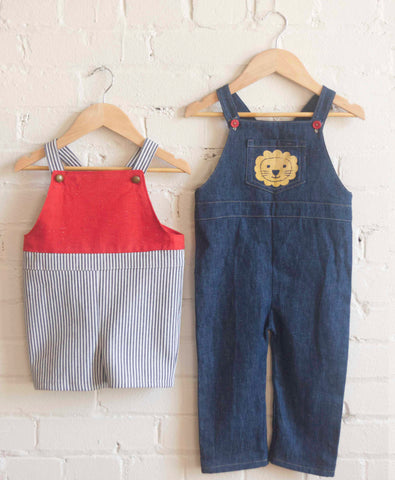 red and blue striped shortalls, long denim overalls for kids