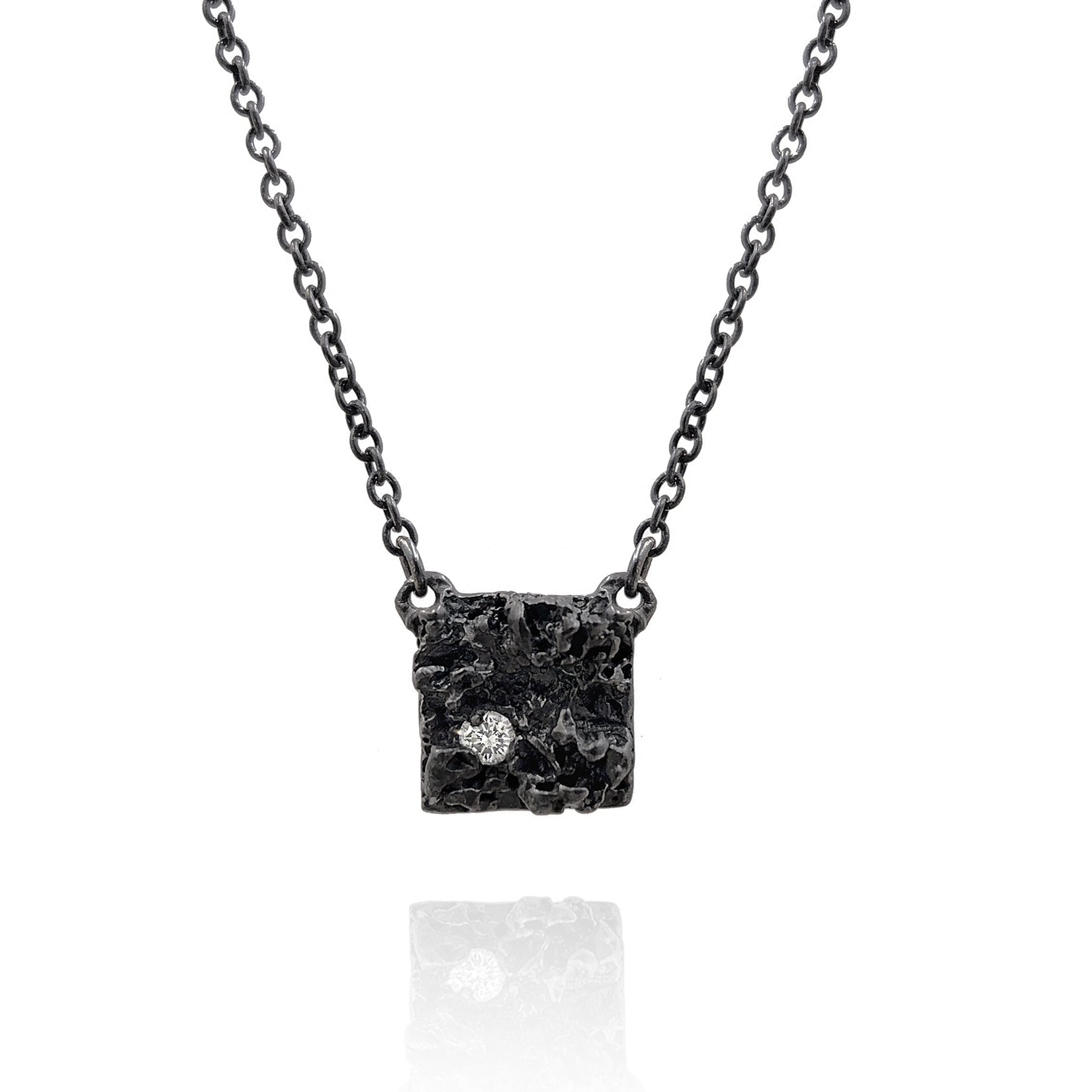 Branch Oxidized Silver White Diamond Chryseum Square Necklace