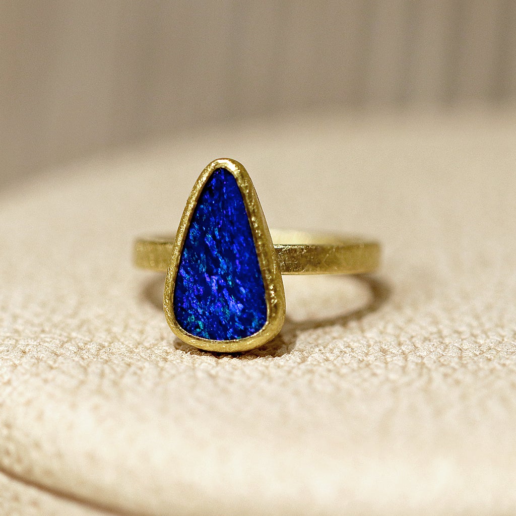 Petra Class Deep Blue Opal Doublet High Karat Yellow Gold Solitaire Ring