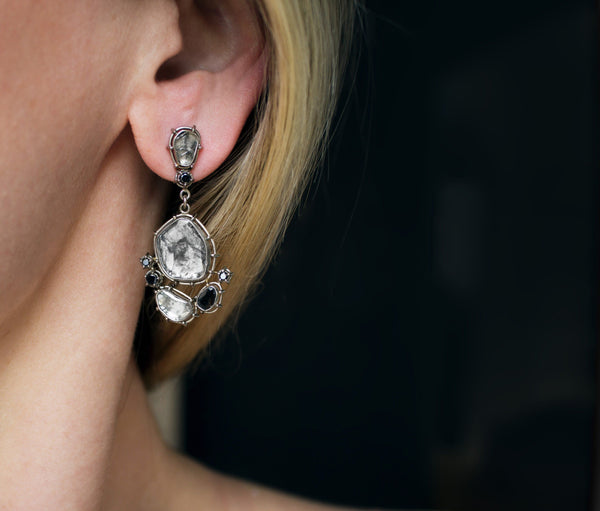 Tura Sugden Gray & Black Diamond Palladium Gold Drop Earrings