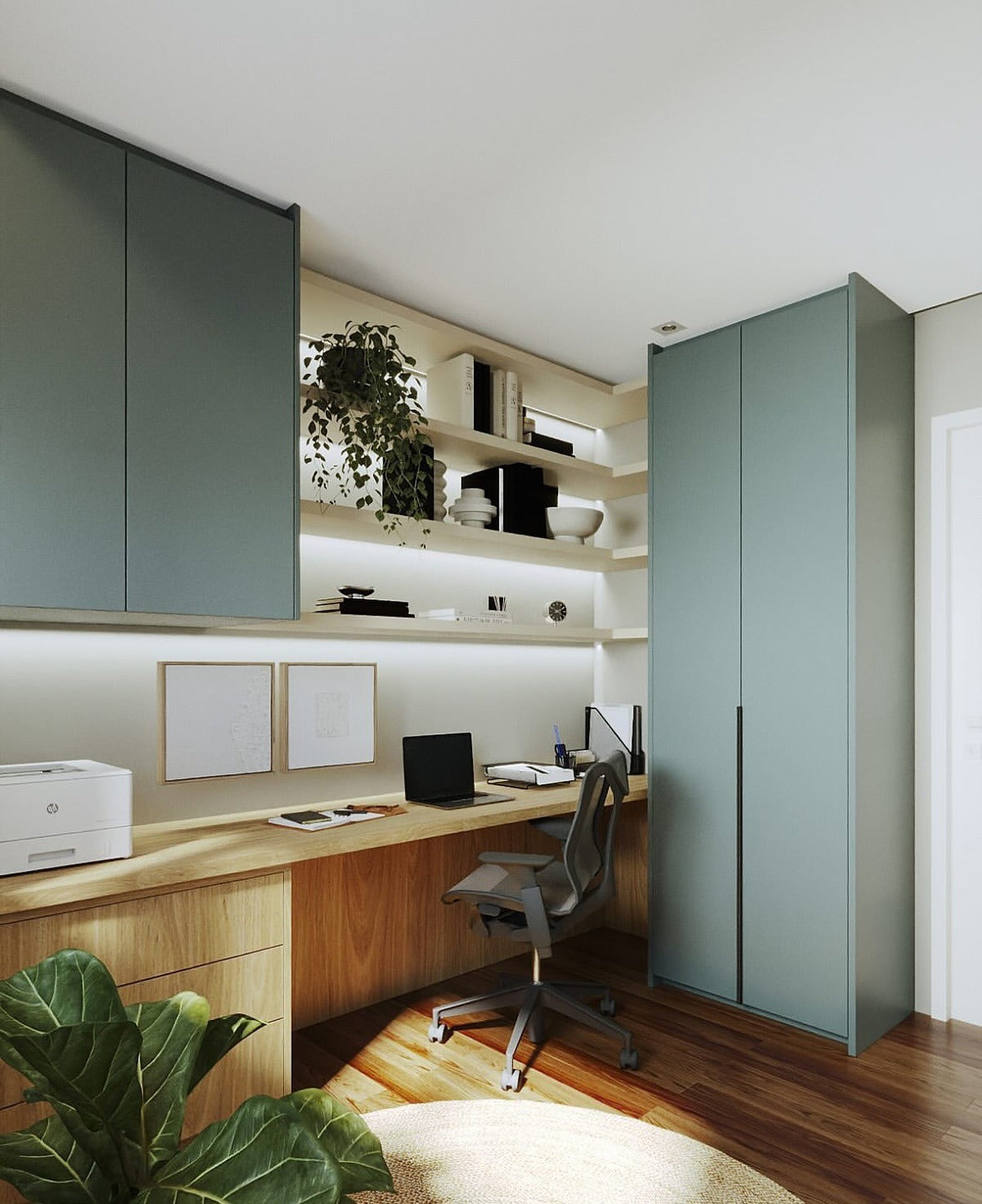 5. Soft Industrial Workspace with Muted Sage and Light Wood - light colors office ideas