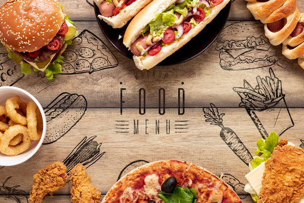 Free Arrangement Of Fast Food On Wooden Background Psd – DreamBundles