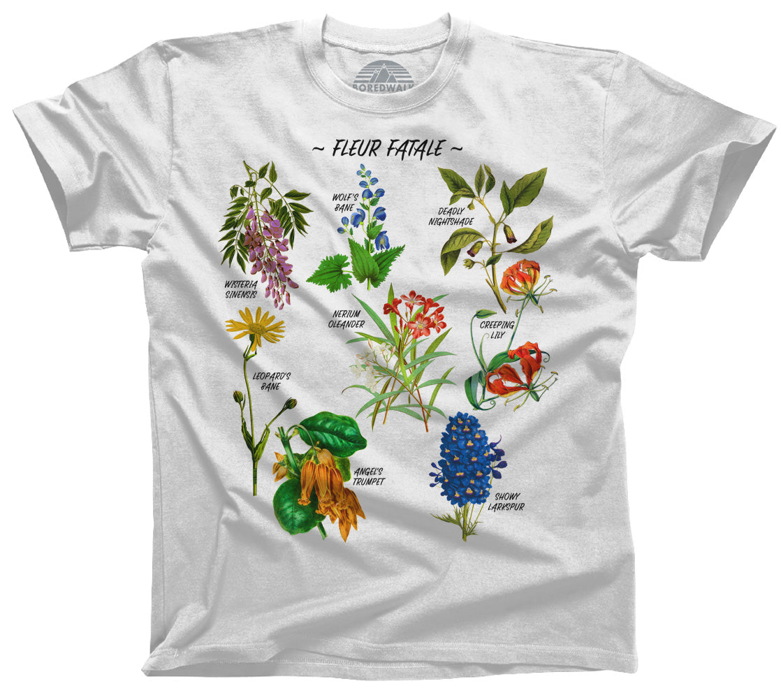 BoredWalk Men's Fleur Fatale Toxic Botanical Chart T-Shirt, Small / White