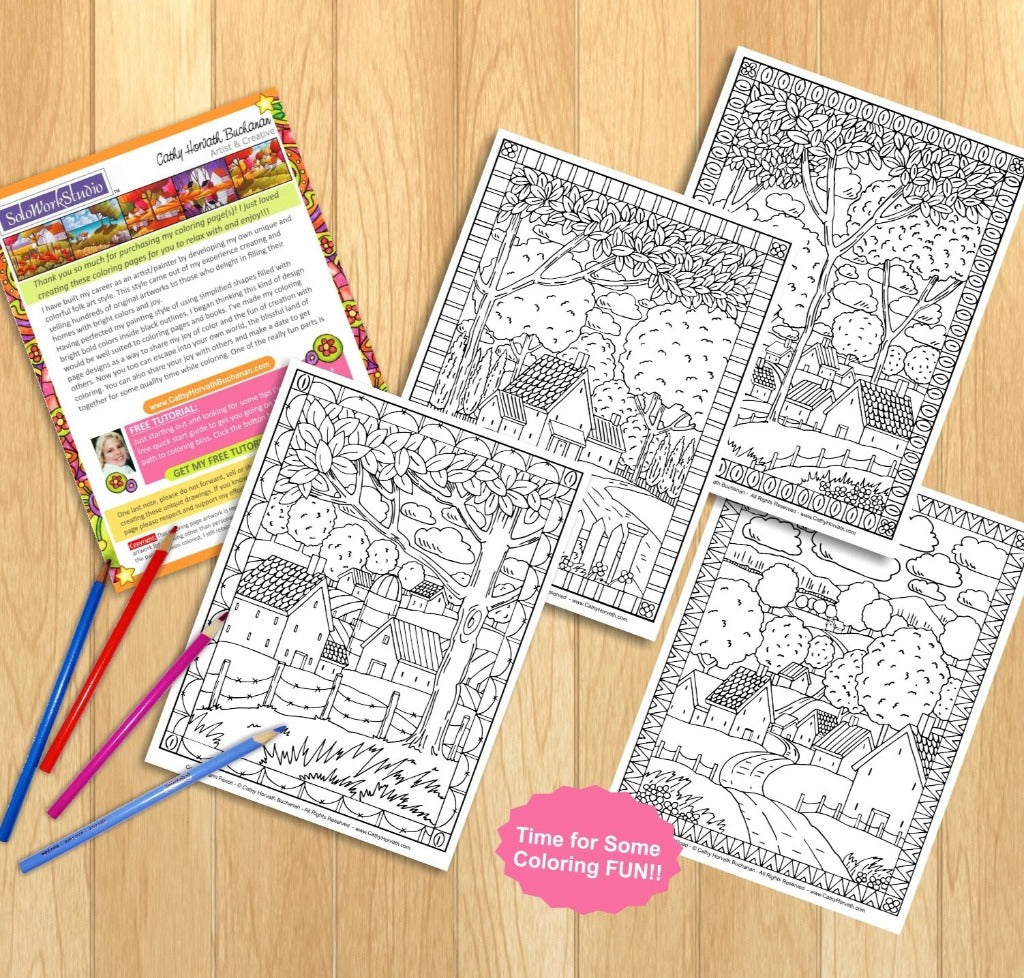 Download Folk Art Country Landscape Coloring Pages 4 Pack Printouts, Coloring B - SoloWorkStudio