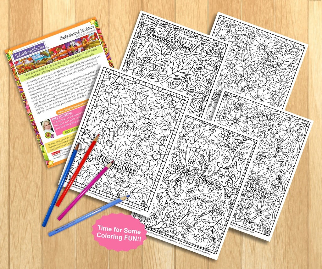 Flower Doodle Art Coloring Pages 5 Pack Printouts Floral Pattern