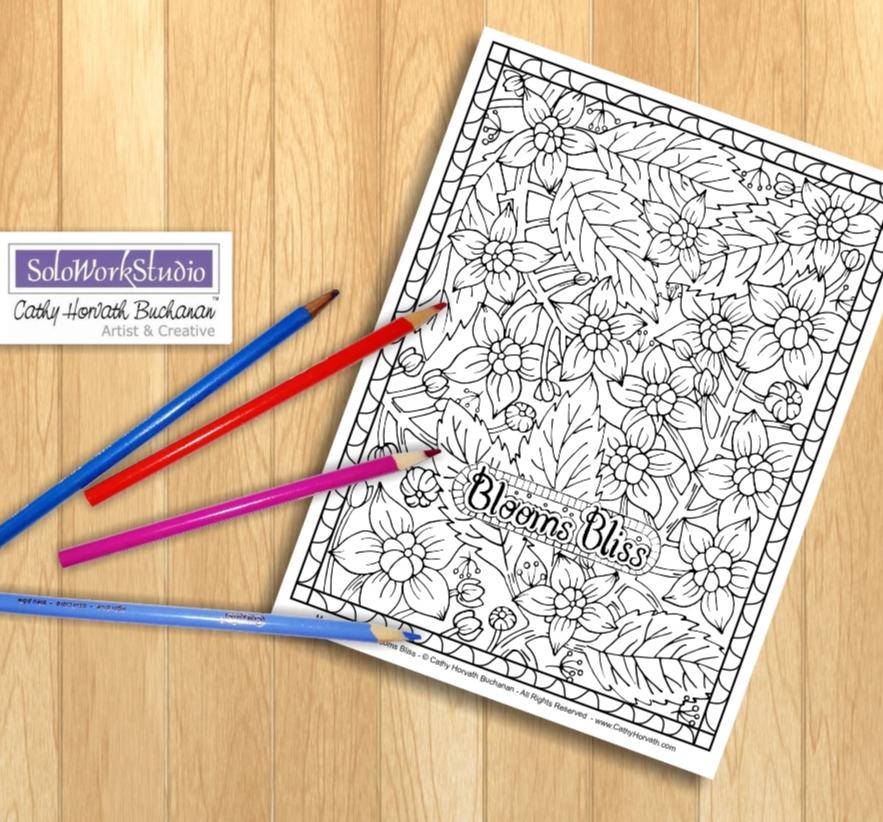 Download Flowers Blooms Bliss Art Coloring Page, Floral Pattern Doodle Coloring - SoloWorkStudio