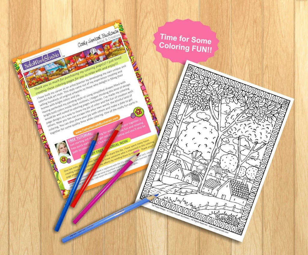 Download Village Trees Folk Art Landscape, Coloring Page PDF ...