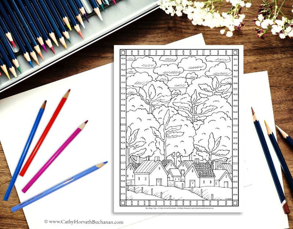 Download Folk Art Town Country Landscape Coloring Pages 10 Pack, Printable PDF - SoloWorkStudio