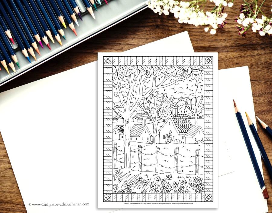 Download Folk Art Town Country Landscape Coloring Pages 10 Pack, Printable PDF - SoloWorkStudio