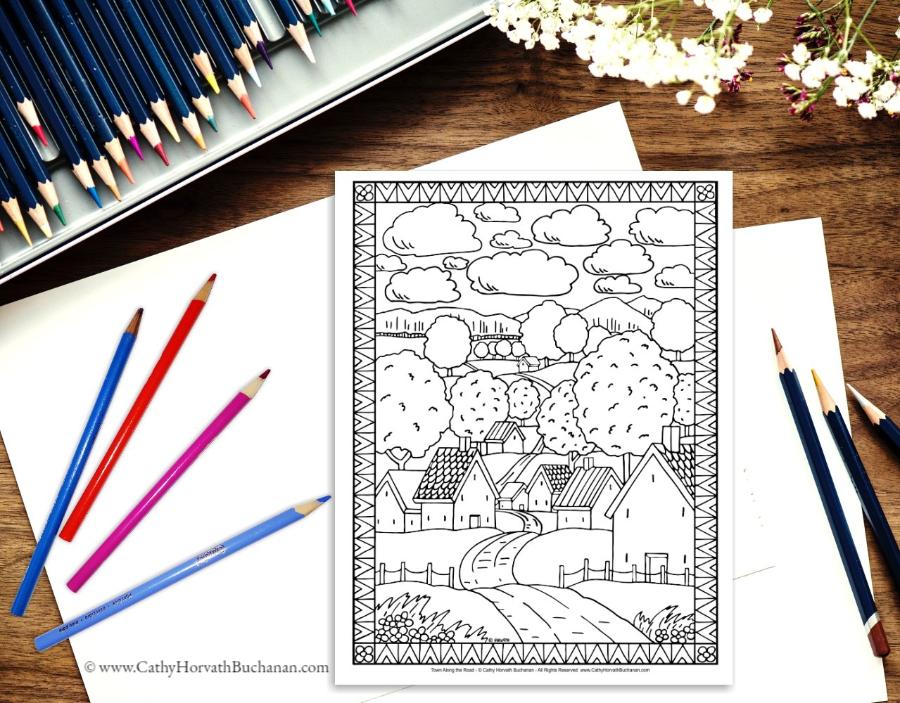 Download Folk Art Town Country Landscape Coloring Pages 10 Pack ...