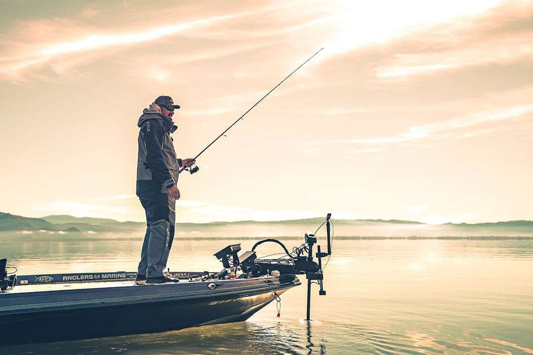 AFTCO Bass Pro Angler Jared Lintner In A Weatherproof Hydronaut Jacket and Bib