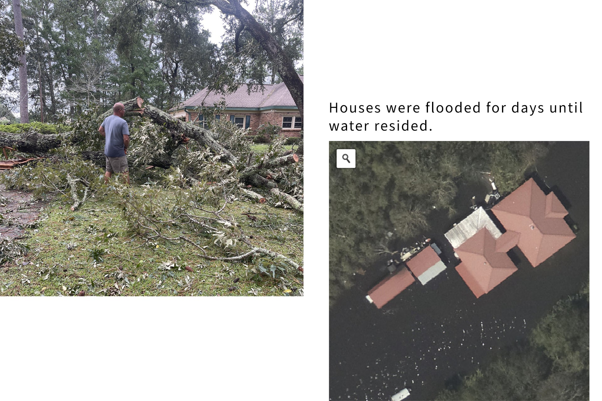 Damages from Hurricane Ida such as a flooded home and fallentree