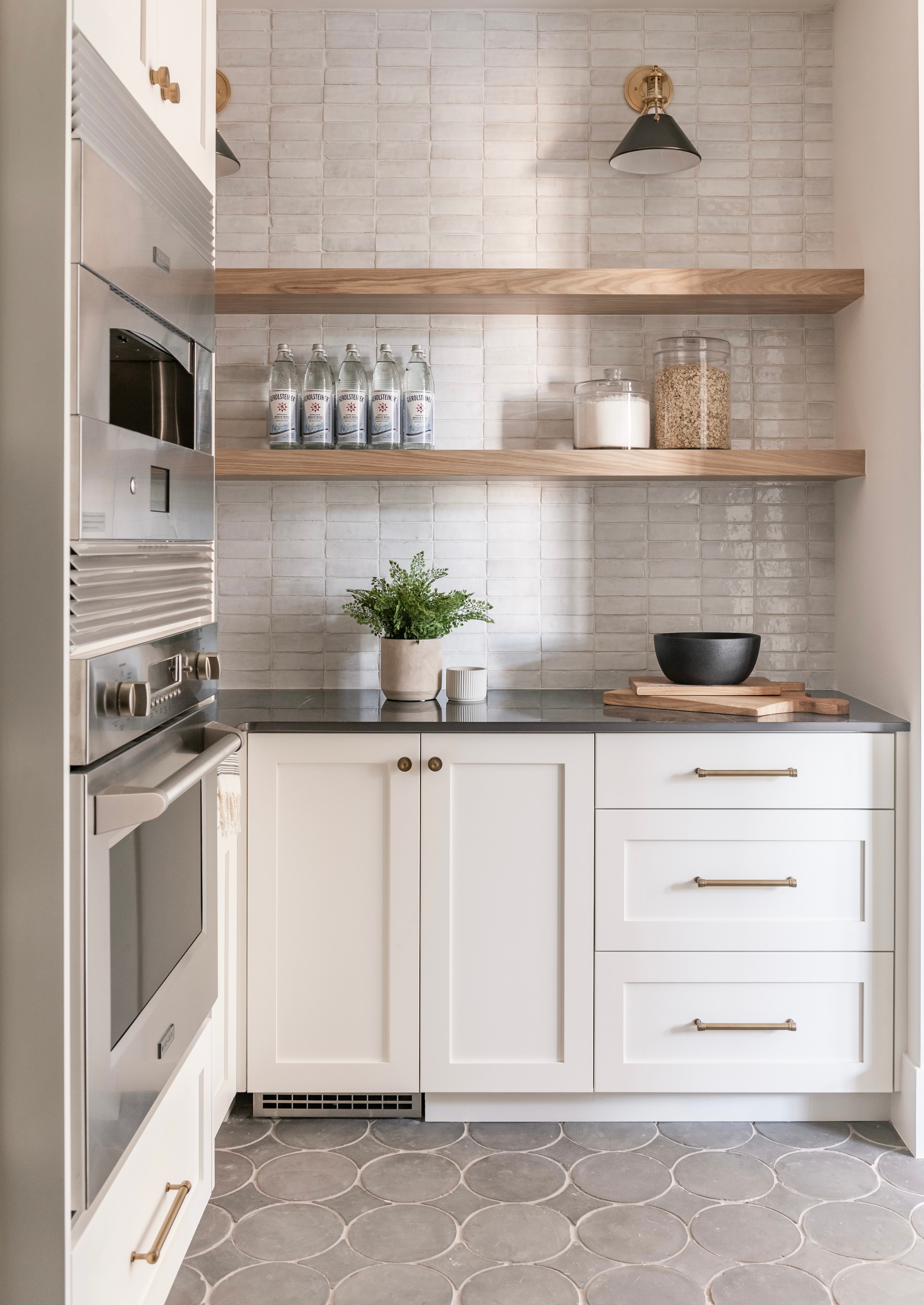 neutral kitchen nook with floating shelves