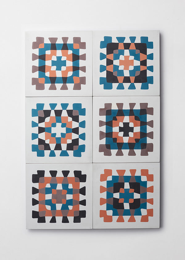 Array of 6 granny square inspired cement tiles in different colors against a white background.