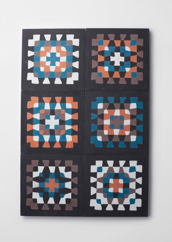 Array of 6 granny square inspired cement tiles against white background.