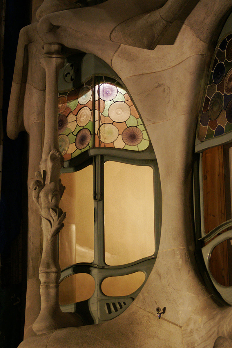 A close up of a window and a bone-inspired concrete column.