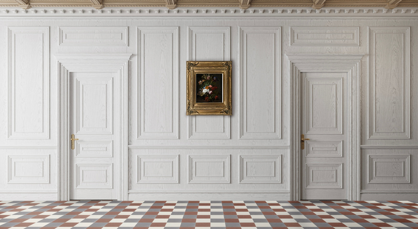 Classic French style room with traditional moulding on white walls and a checkered red, white, and blue cement tile floor.