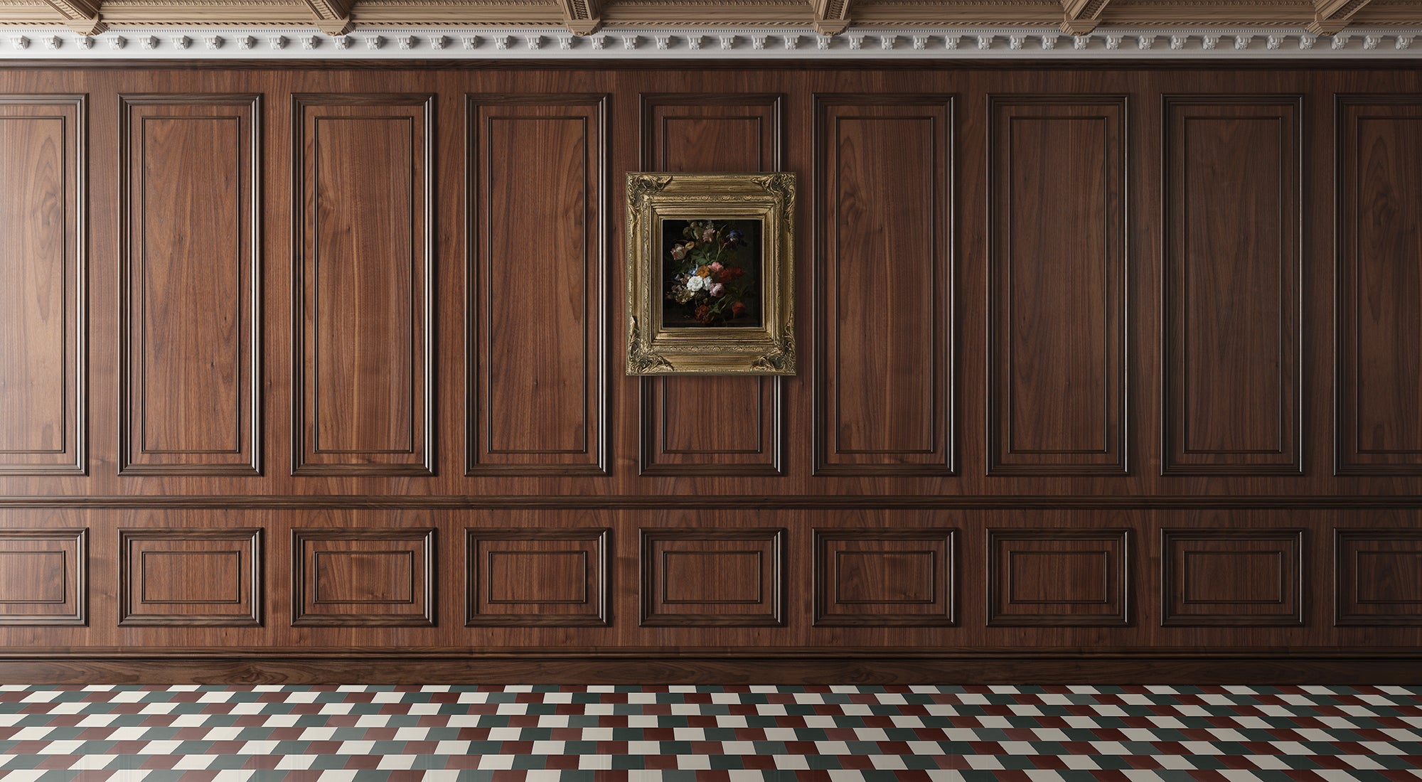 A wood paneled wall with a small, ornate watercolor and a tile floor of clé's dartmoor color story.
