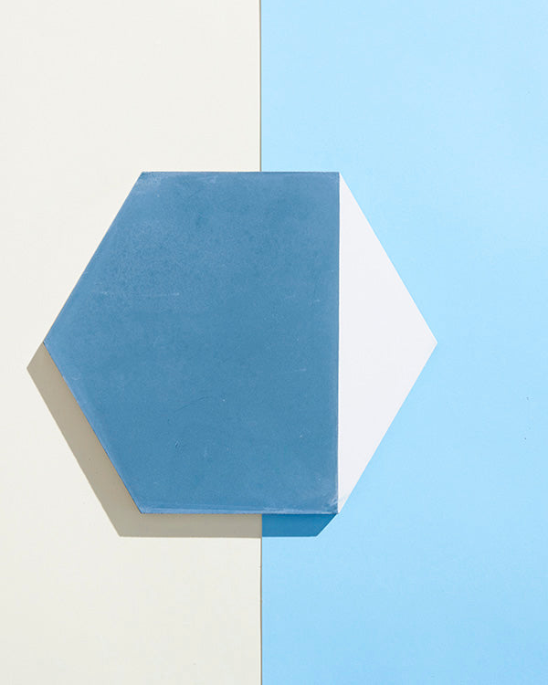 Blue and white hexagonal cement tile sent against an opposing white and blue background.