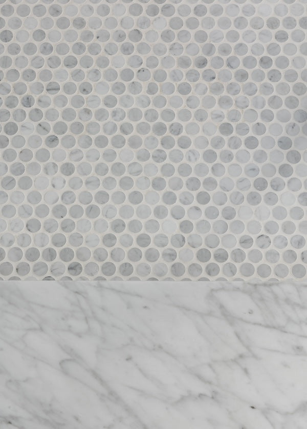 overhead shot of carrara marble penny rounds and subway tiles side by side
