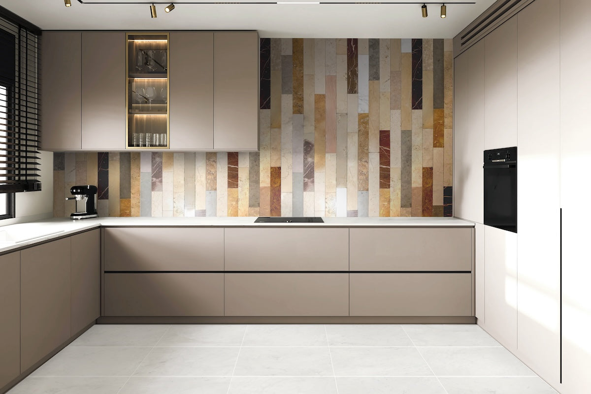 modern kitchen with various stone tile backsplash and white marble tile floor