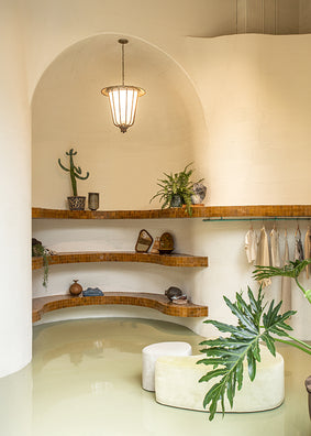 clé zellige square tiles in golden henna adorn the shelves at the Teller retail location