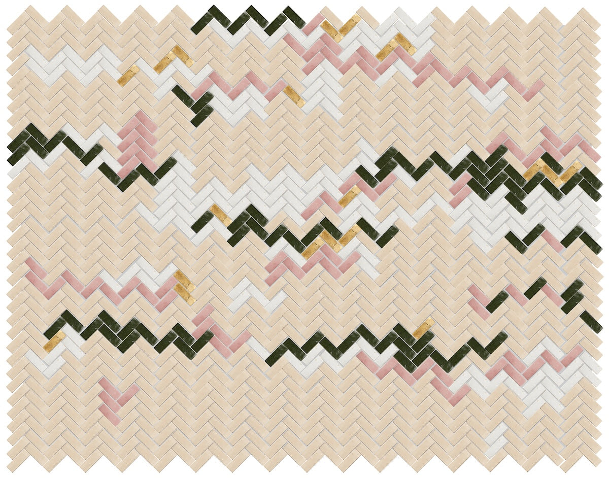 rectangular zellige tiles in beige, pink, green, and gold arrnaged in a herringbone layout