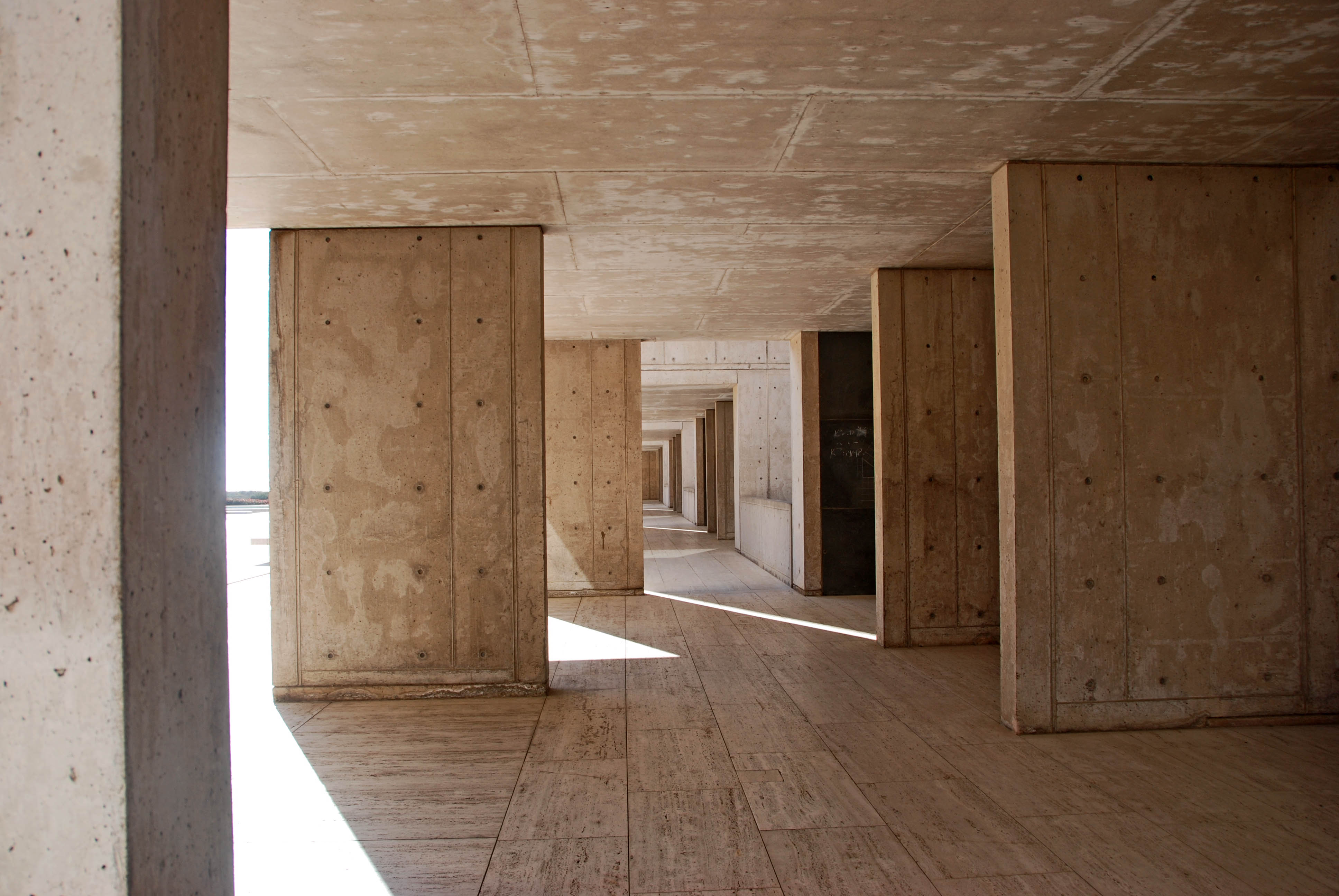 Monolithic, unfinished concrete pillars at the Salk Institute.