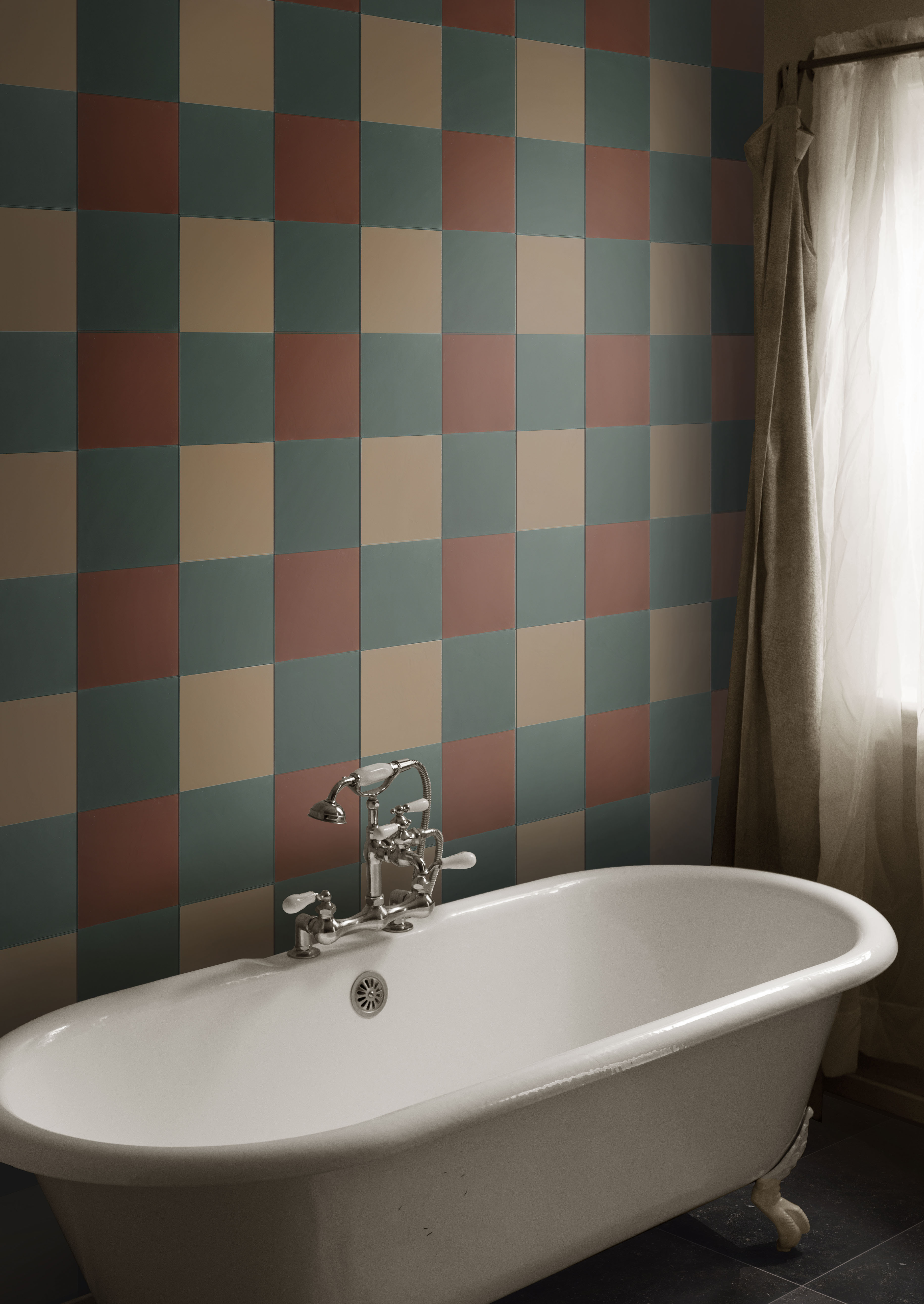 Square cement tiles create the pattern of an oversized plaid behind a clawfoot bathtub.