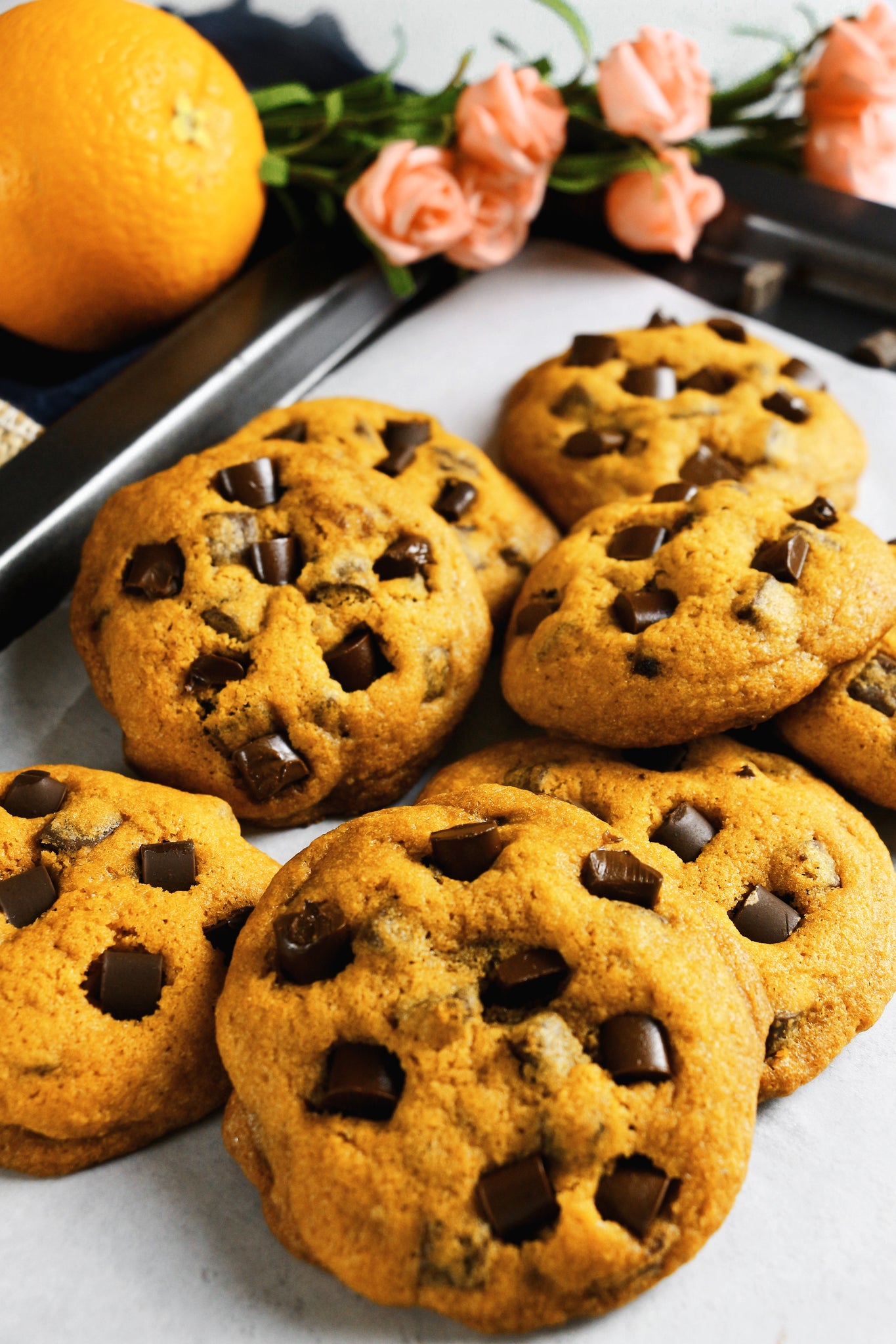 pile of dark chocolate chunk cookies