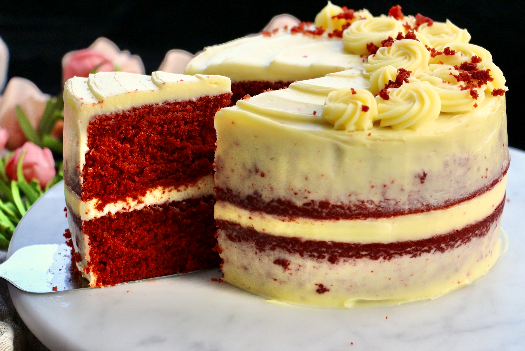 Red Velvet Semi-Naked Cake with Rosette Details (2x 6" layers)