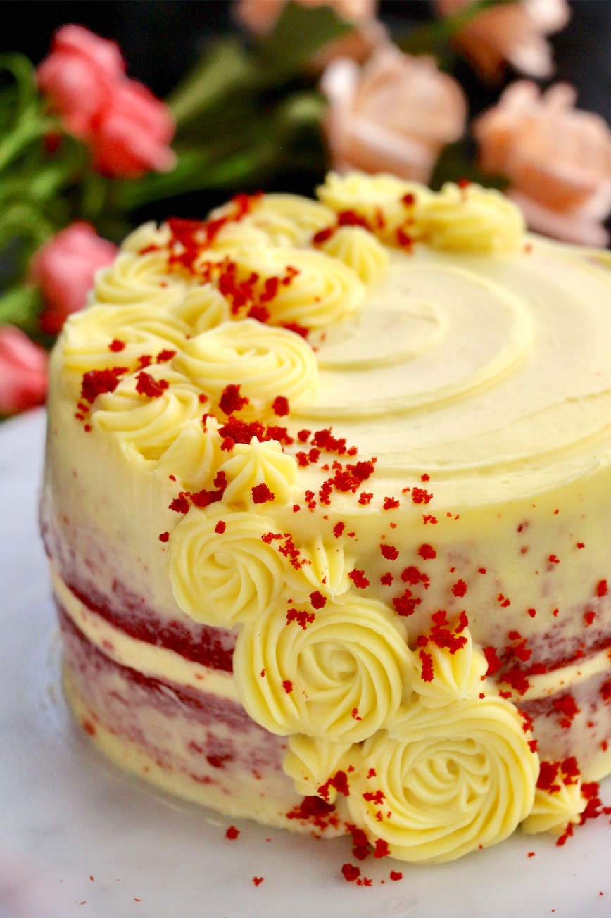 Red Velvet Semi-Naked Cake with Rosette Details (2x 6" layers)