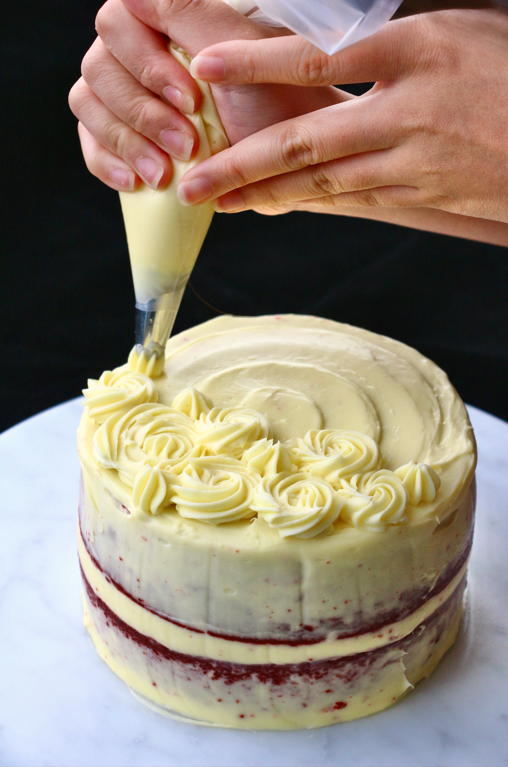 Red Velvet Semi-Naked Cake with Rosette Details (2x 6" layers)