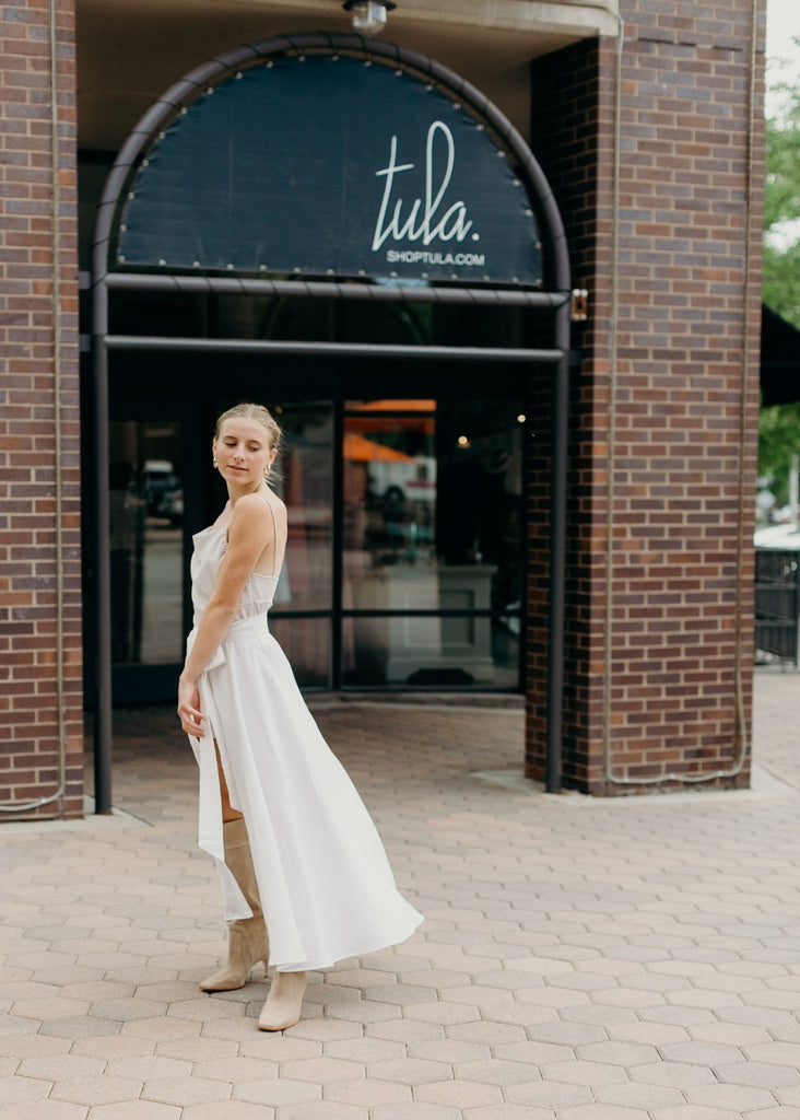 ELIZABETH White Wrap Skirt | Tula's Online Boutique 