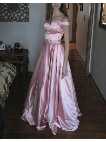 Pearl Pink A-line Off the Shoulder Sweetheart with Pockets Long Senior Prom Dresses uk PM769