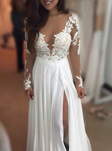 Sexy Long Sleeves Floor-Length Jewel Illusion Neck Prom Dress with Lace ...