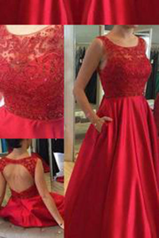 Elegant Sleeveless Floor-Length Red Beads Open Back Pockets Prom Dress ...