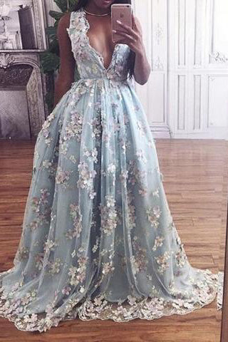 Deep V-Neck Light Sky Blue Prom Dress with Flowers PM547 – PromDress.me.uk