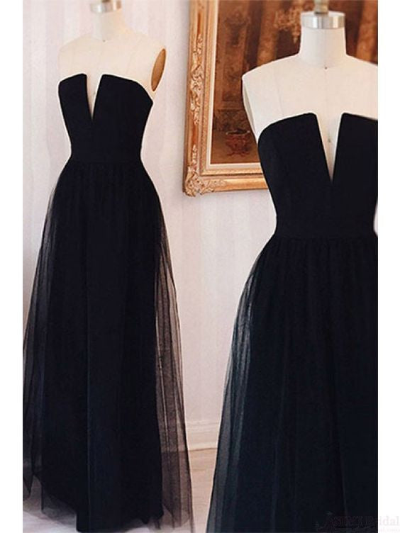 Strapless Black Long Tulle Prom Dresses Evening Dresses,Prom Dresses u ...