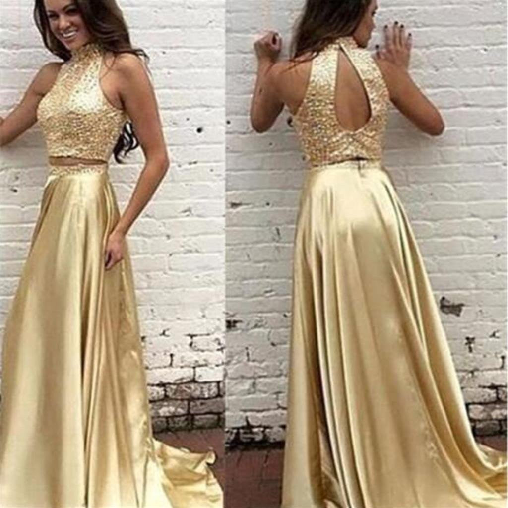 New Arrival Gold Two Pieces High Neck Pretty Sparkly Evening Party Prom ...