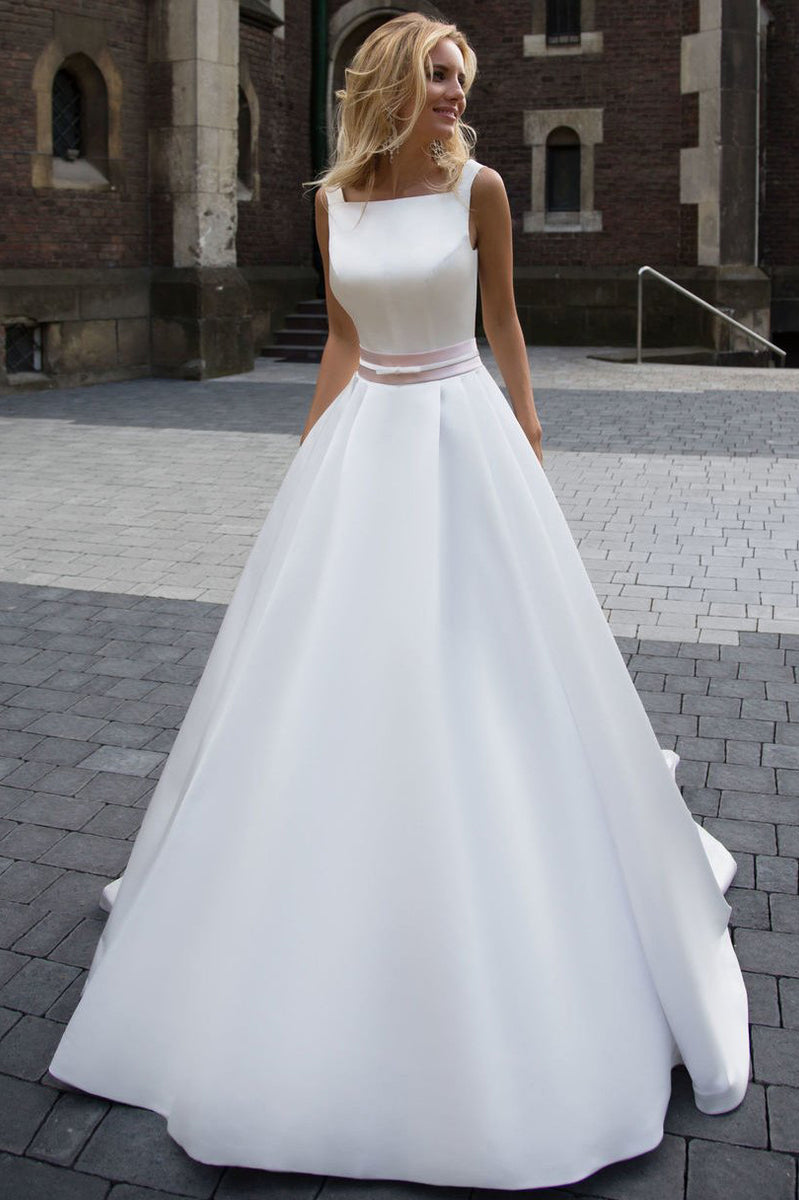 Wedding Dresses UK,A-Line Long Ivory Pleated Backless Bateau Satin ...
